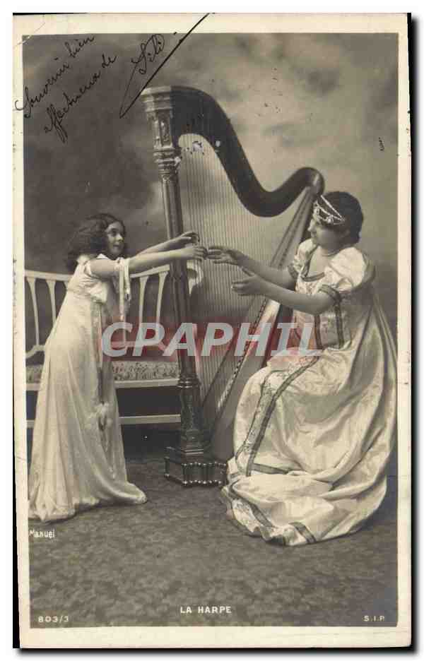 CPA la harpe Femme Enfant 
