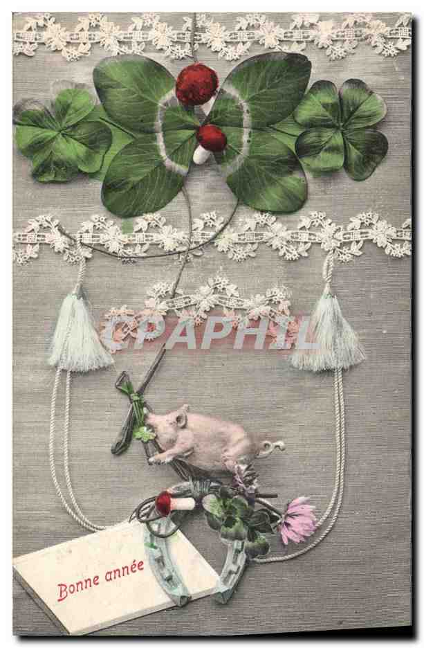 CPA Cochon Porc Trefles Fer a cheval Bonne annee 