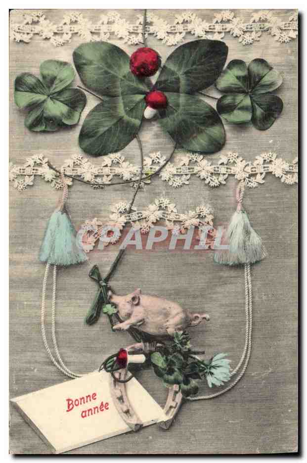 CPA Cochon Porc Trefles Fer a cheval Bonne annee