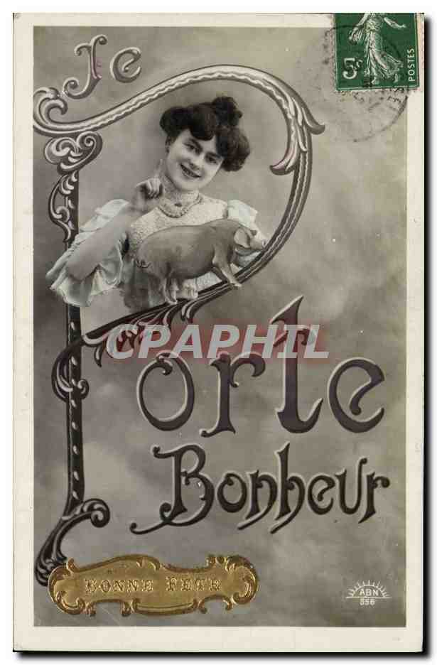 CPA Cochon Porc Femme Porte bonheur 