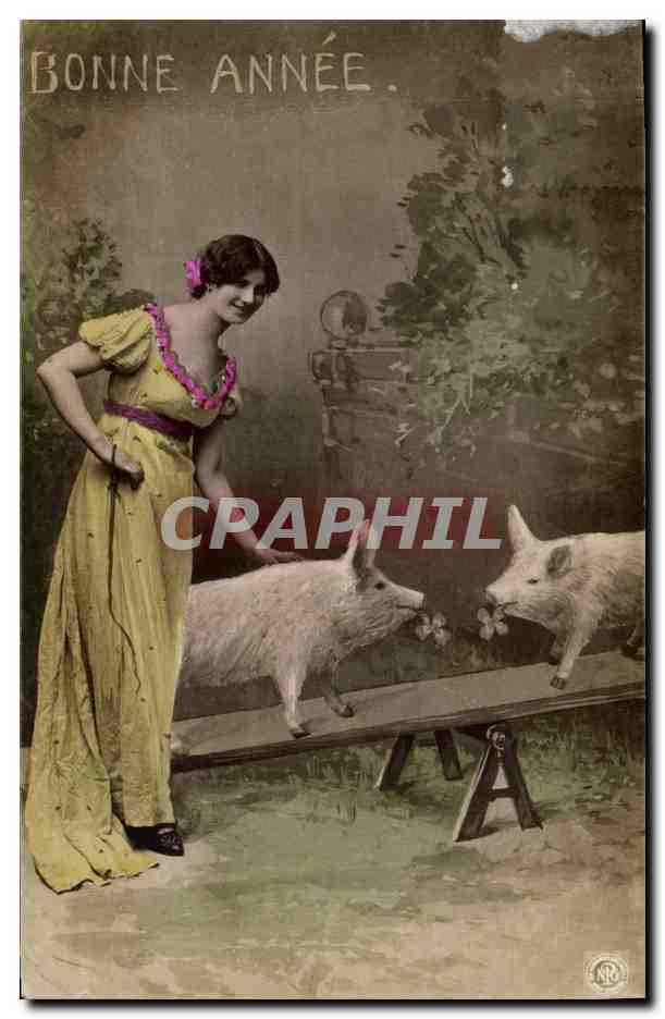 CPA Cochon Porc Femme Bonne annee 