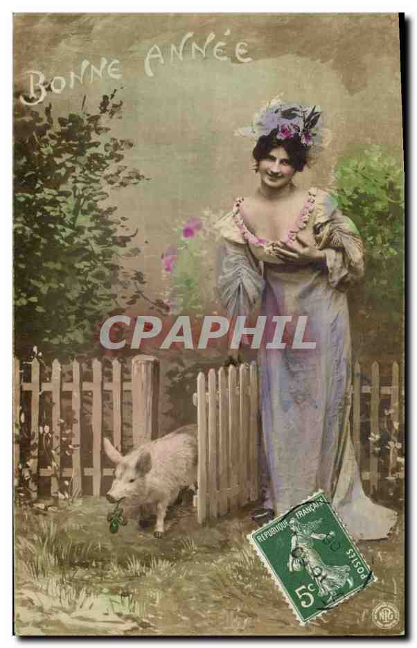 CPA Cochon Porc Femme 