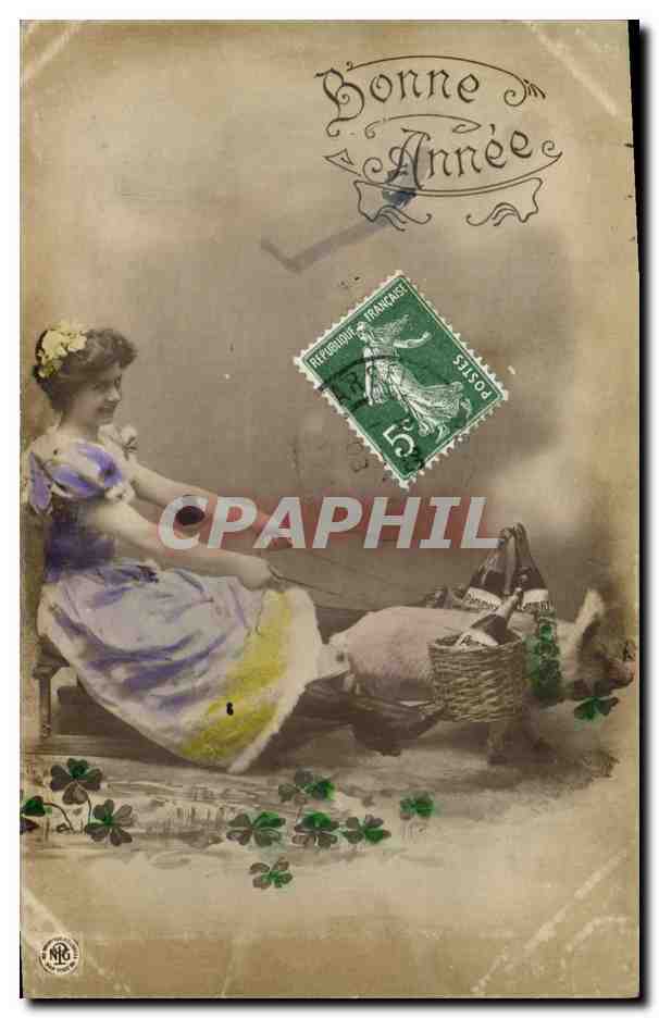 CPA Cochon Porc Femme Bonne annee 