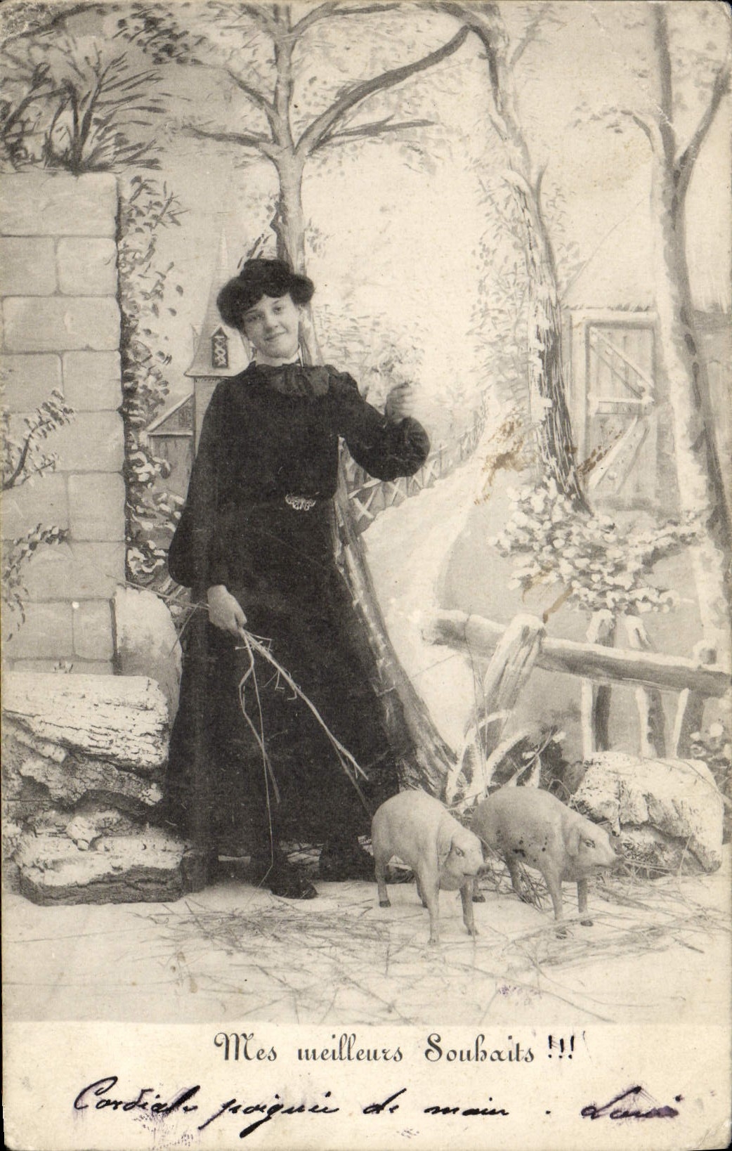 CPA Cochon Porc Femme 