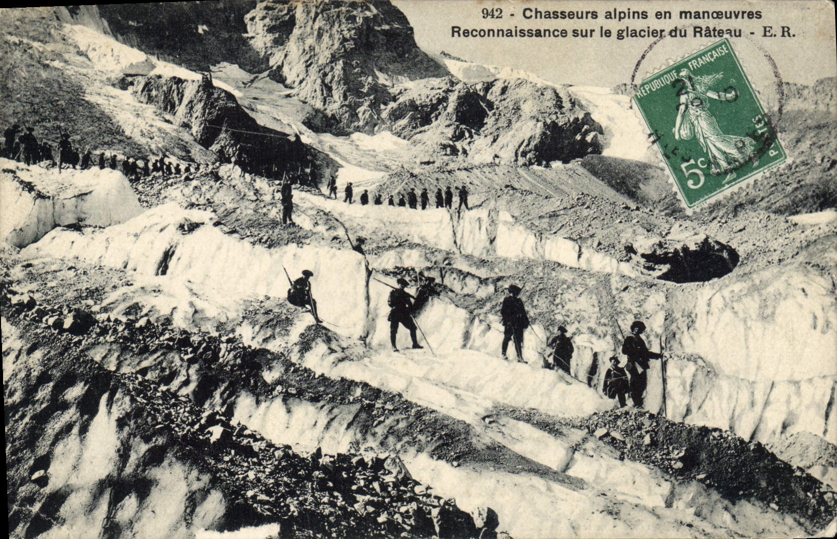Chasseurs alpins en manœuvres — Reconnaissance sur le glacier du Râteau — E.R. — n° 942