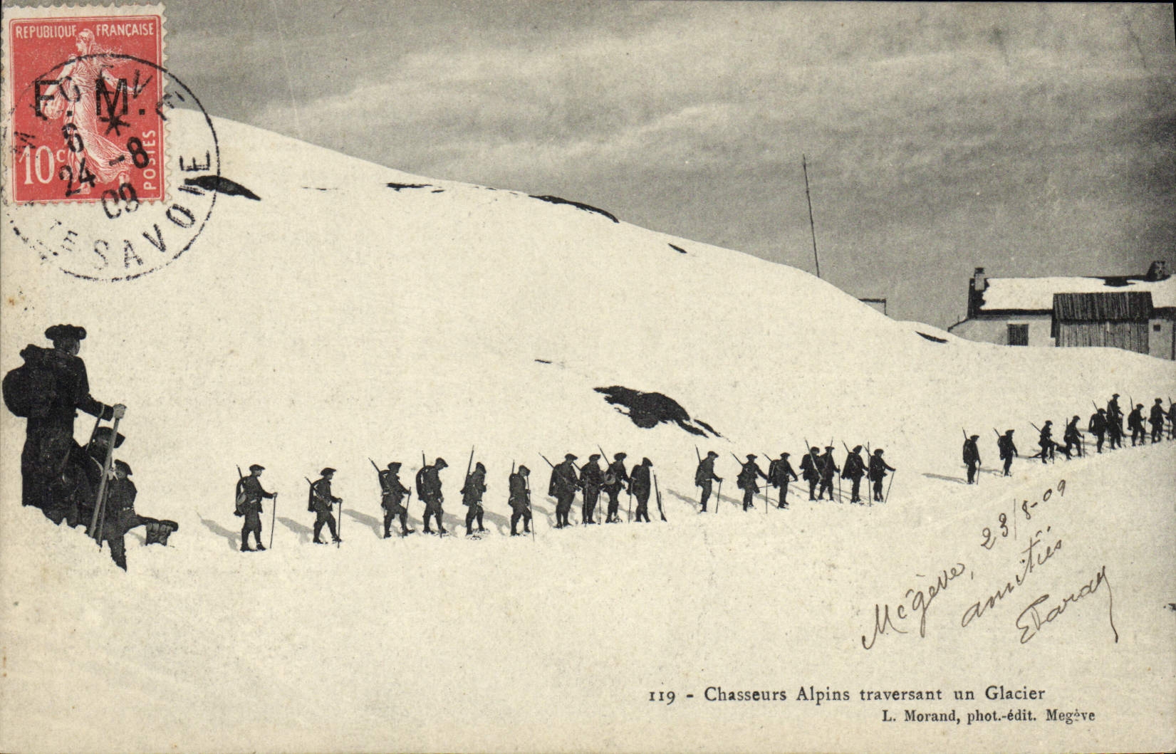 Cacciatori Alpini attraversando un Ghiacciaio — L. Morand, fot.-edit. Megève