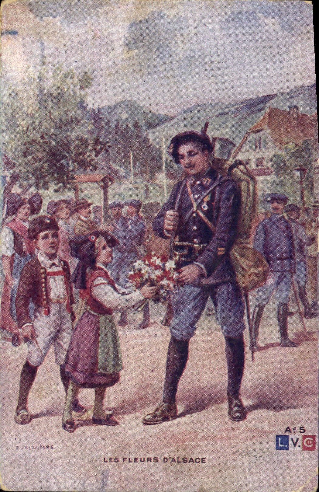 CPA Militaria Chasseurs Alpins Les fleurs d'Alsace Enfants
