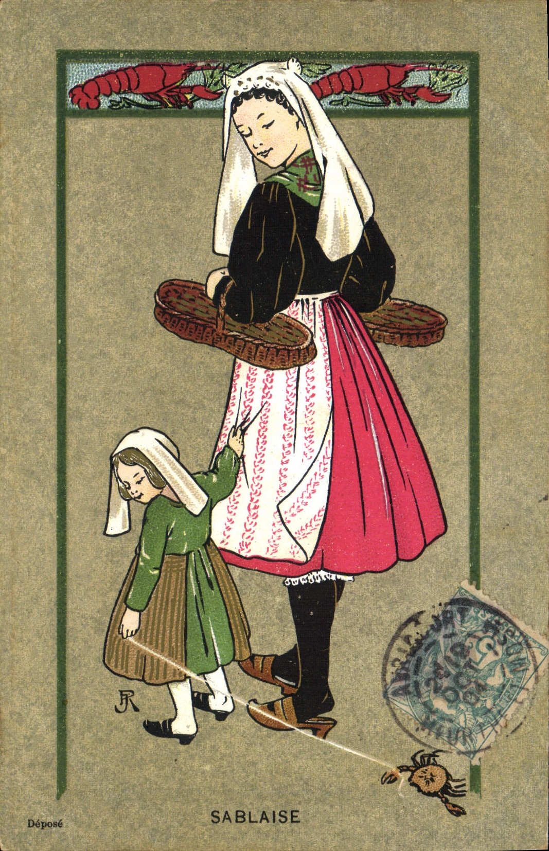 CPA Folklore Sablaise Enfant Crabe 