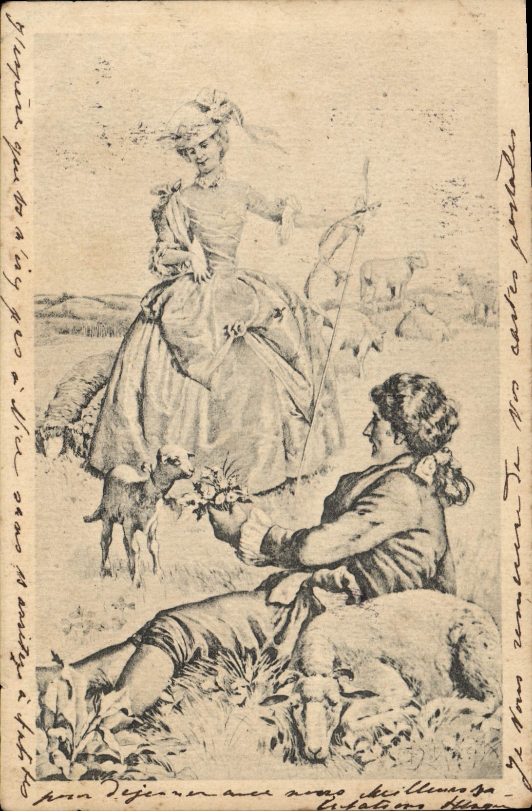 CPA Fantaisie Illustrateur Bergere Moutons 