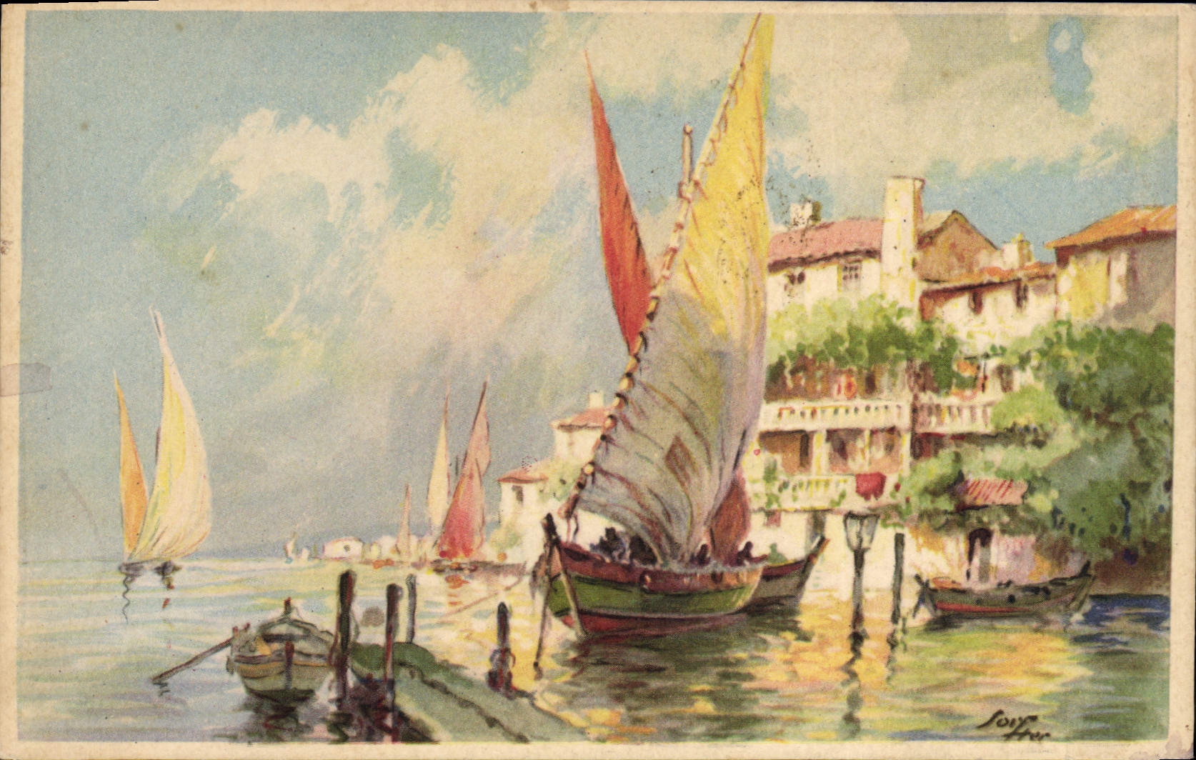 Hafenstadt — Segelboote — Zeichnung von Souff Her