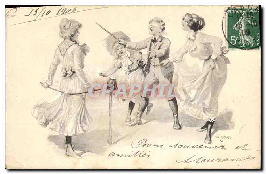 CPA Fantaisie Illustrateur Homme Femmes Colin Maillard 