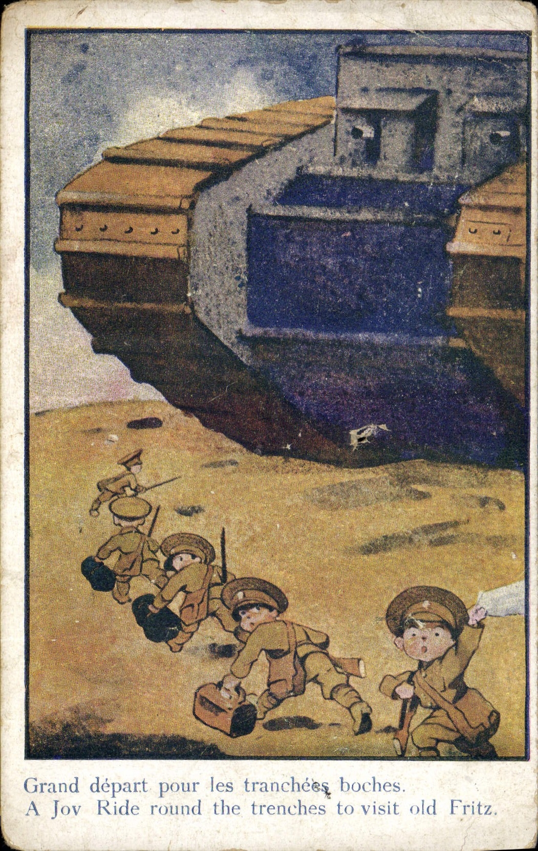 CPA Fantaisie Illustrateur Enfants Tank Grand depart pour les tranchees Boches 