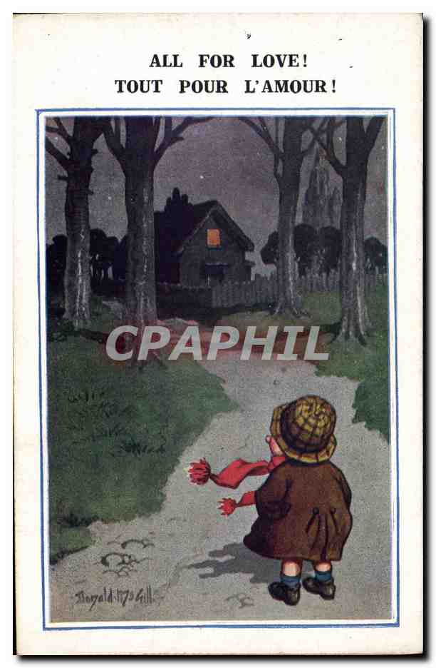 Enfant marchant vers une maison — scène nocturne — Ronald Gill, série 'COMIQUE' n°5898