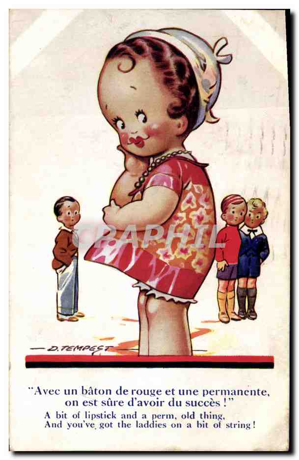 Enfant avec perruque et rouge à lèvres — D. TEMPEST — Imprimée en Angleterre