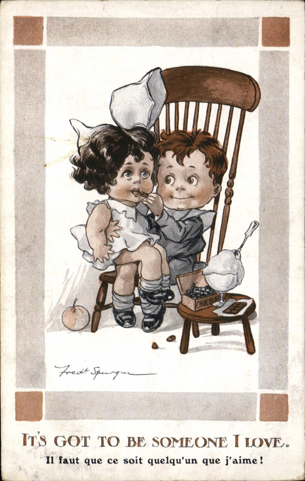 Enfants partageant un dessert — Fred Spurgeon — Inter-Art Co. 'GIRLIE' Series n°524