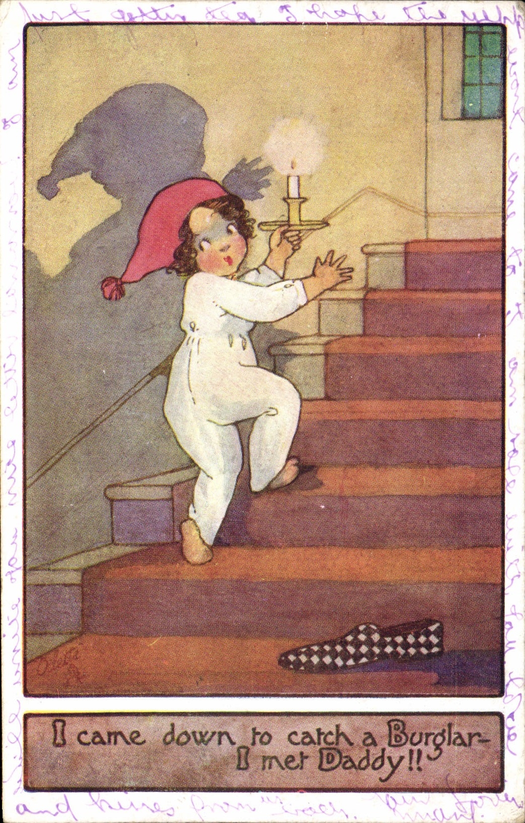 Enfant en pyjama et bonnet rouge — escalier — TUCK'S POST CARD, série 'QUEENIE' — n°317
