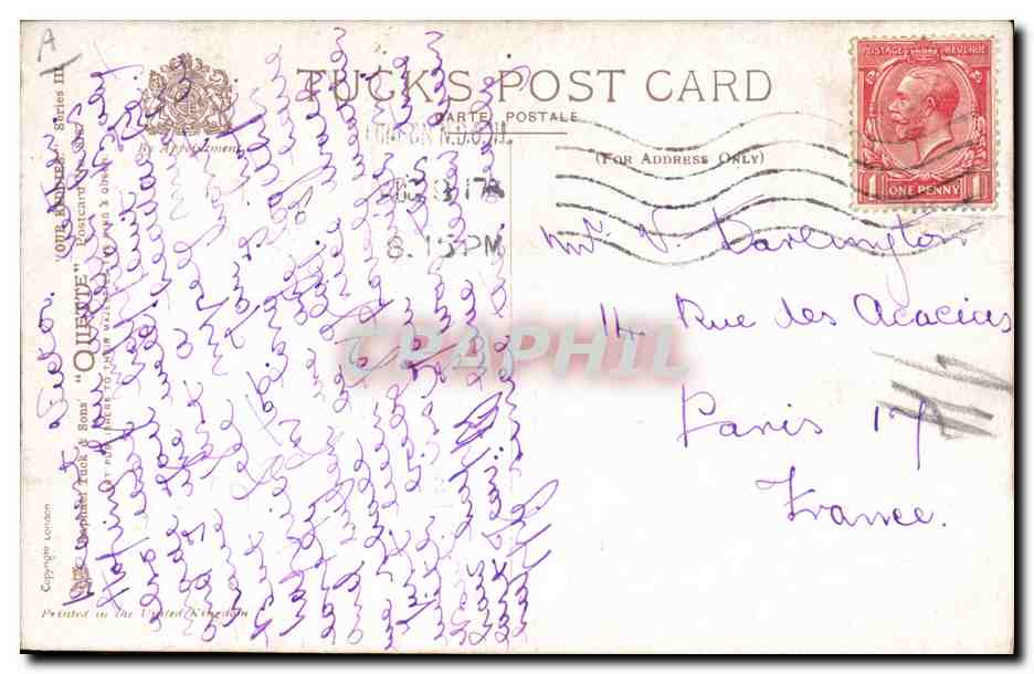 Enfant en pyjama et bonnet rouge — escalier — TUCK'S POST CARD, série 'QUEENIE' — n°317 — Verso