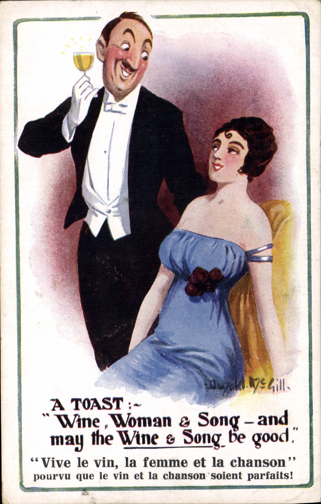 Couples festifs — A Toast : Wine, Woman & Song — éditeur Bryan Art Co. n° 143-4