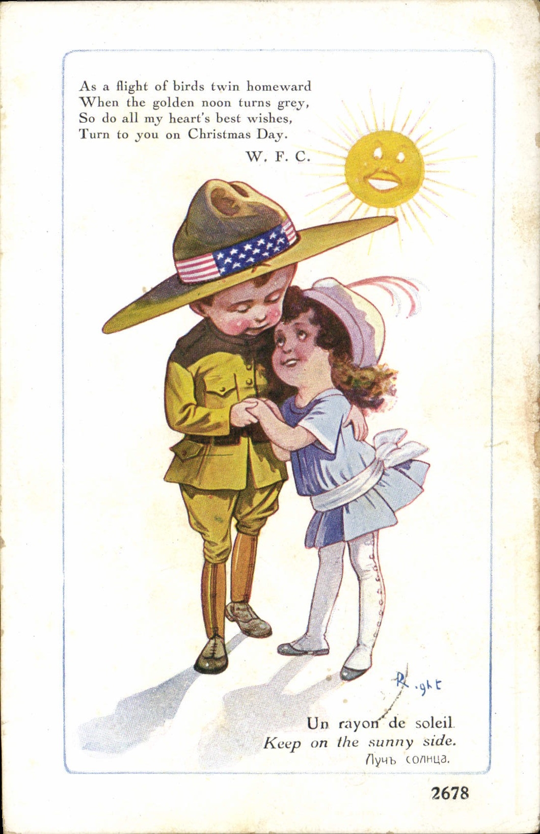 Enfant soldat américain et enfant en robe bleue — W. F. C. — série 2678