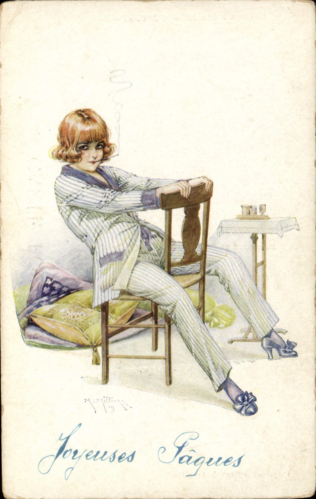 CPA Fantaisie Illustrateur Femme Paques Cigarette 