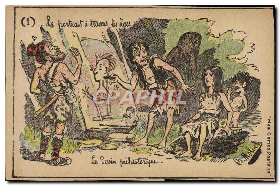 CPA Fantaisie Illustrateur Le portrait a travers les ages le dssin prehistorique 