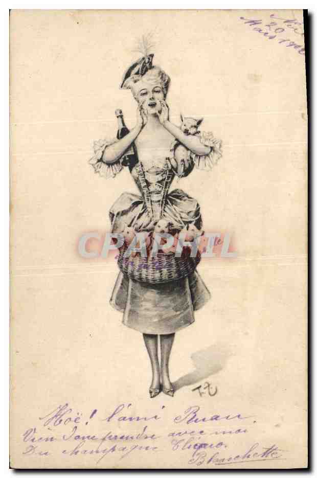 Femme en costume de cour — avec chien et panier — éditeur T.P. (N° 205)