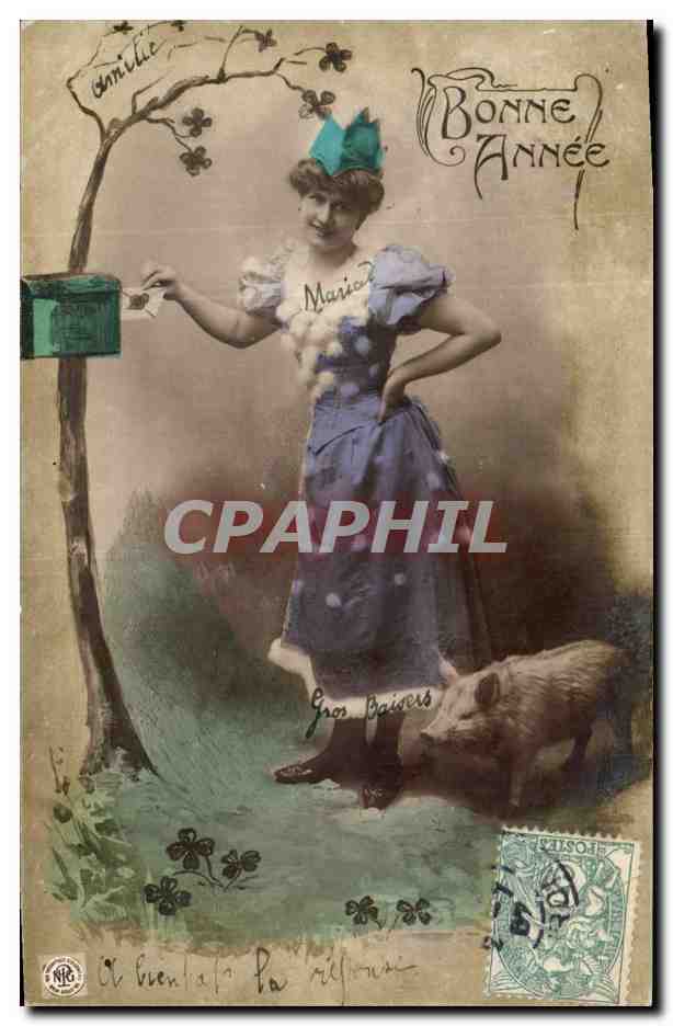 CPA Cochon Porc Femme Bonne annee 