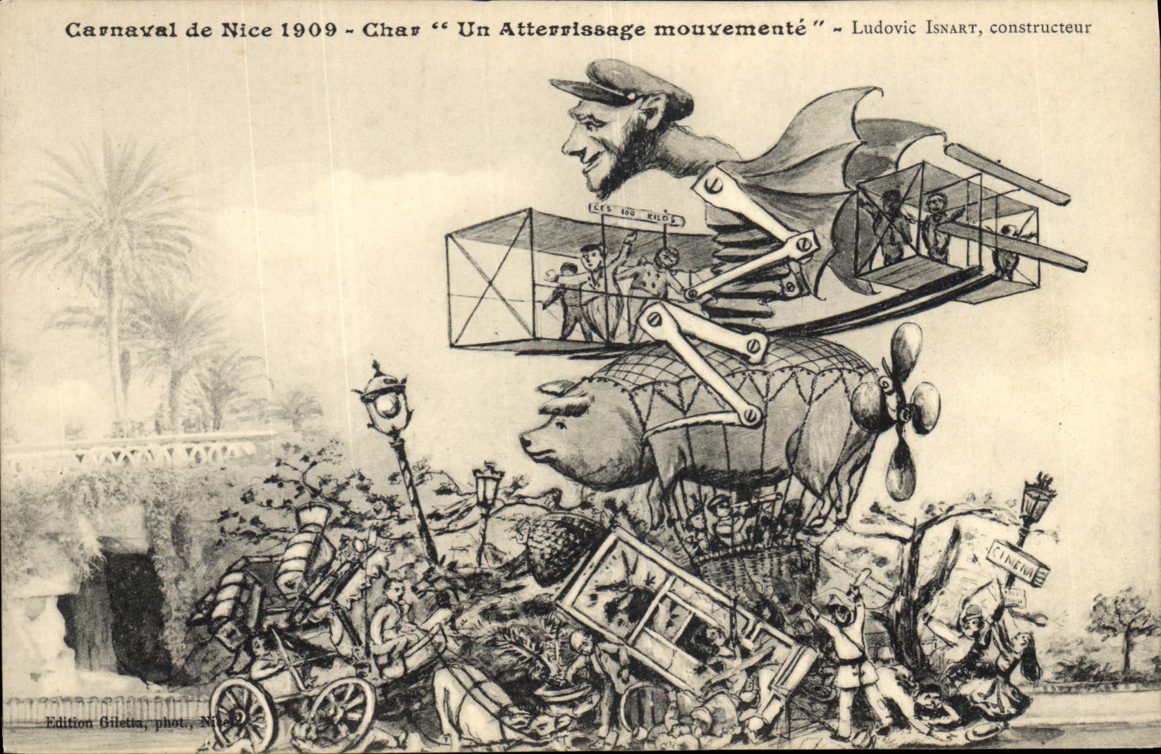 CPA Cochon Porc Carnaval de Nice 1909 Char Un atterrissage mouvemente Ludovic Isnart 