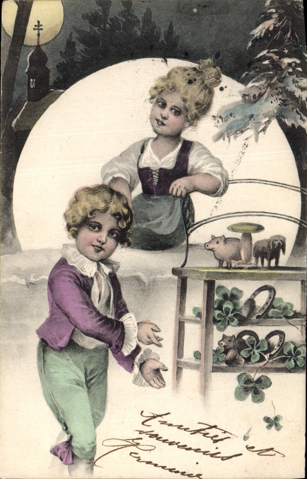CPA Cochon Porc Enfants Fer a cheval Champignon Trefles 