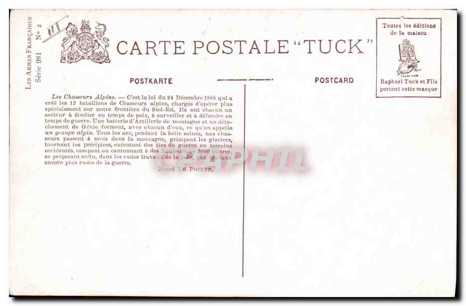 Chasseurs Alpins — Éditeur Tuck, Série 981 — Achterkant