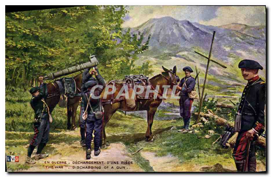 CPA Militaria Chasseurs Alpins Dechargement d'une piece Cheval 