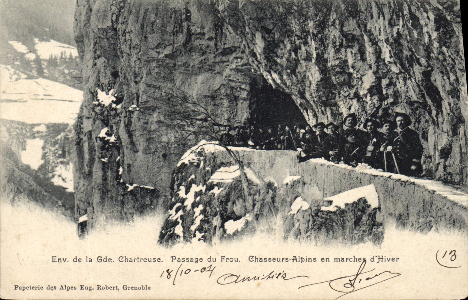 Env. de la Gde. Chartreuse. Passage du Frou. Chasseurs-Alpins en marches d'Hiver — Papeterie des Alpes Eug. Robert, Grenoble, n°13