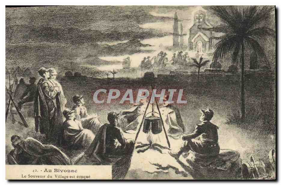CPA Militaria Au bivouac Le souvenir du village est evoque 