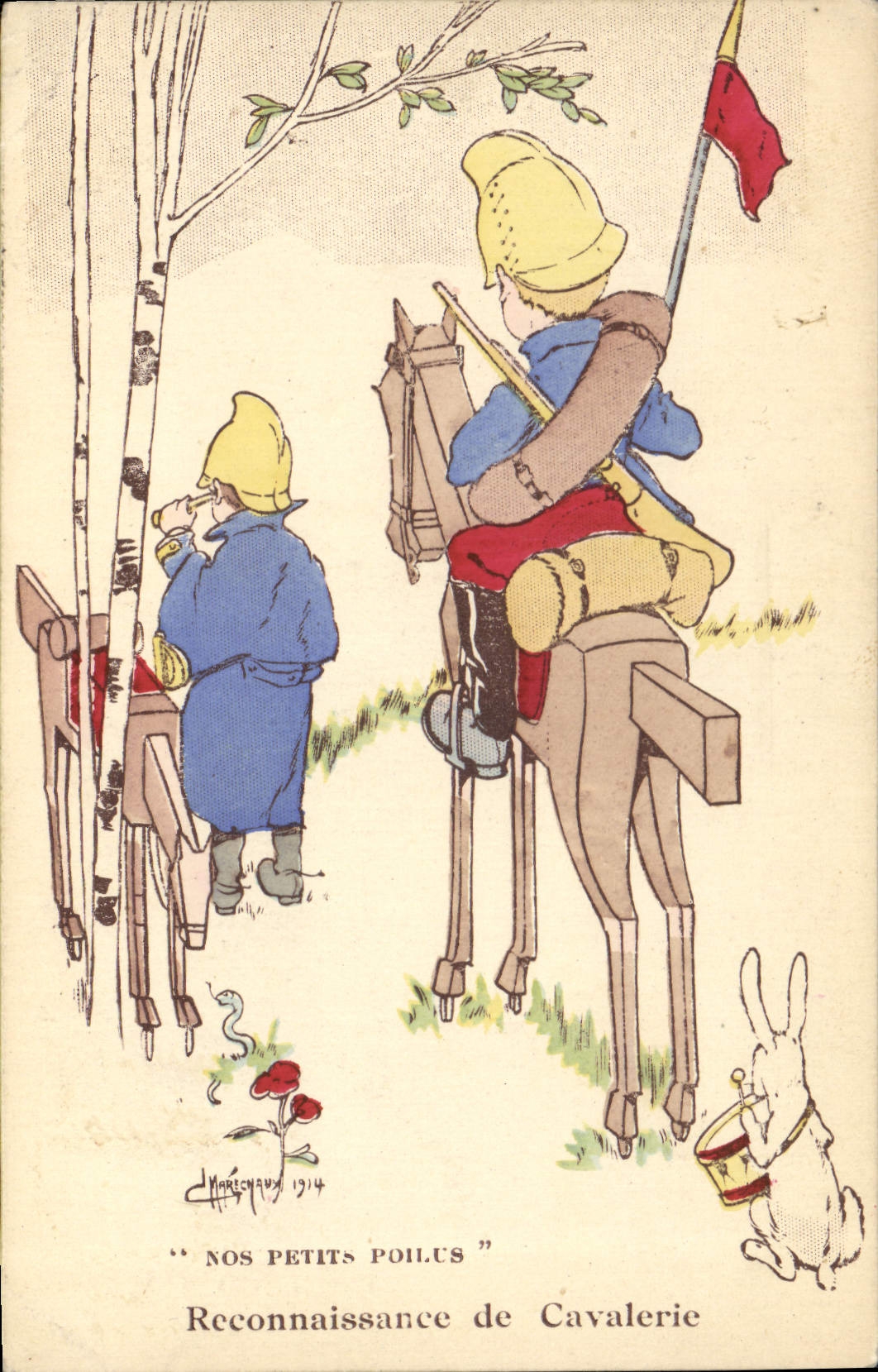 CPA Militaria Nos petits poilus Reconnaissance de cavalerie Lapin 