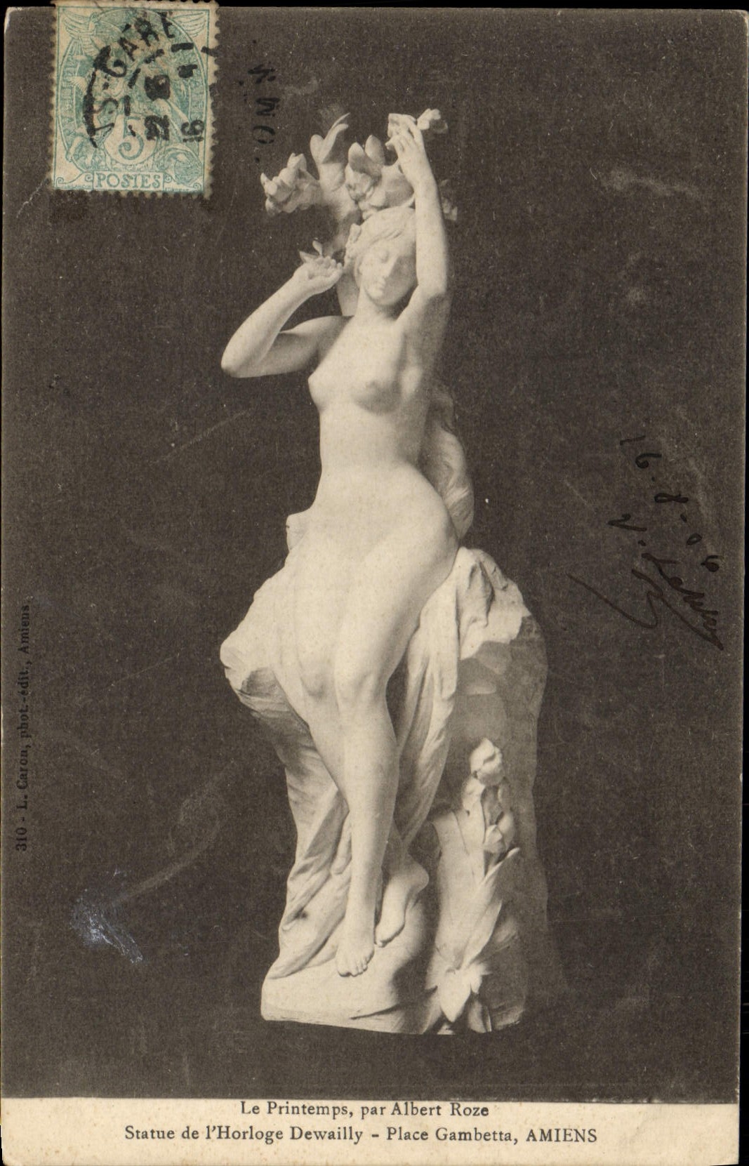 Statue de l'Horloge - Place Gambetta, Amiens — par Albert Roze — L. Caron, phot.édit., Amiens, n°310