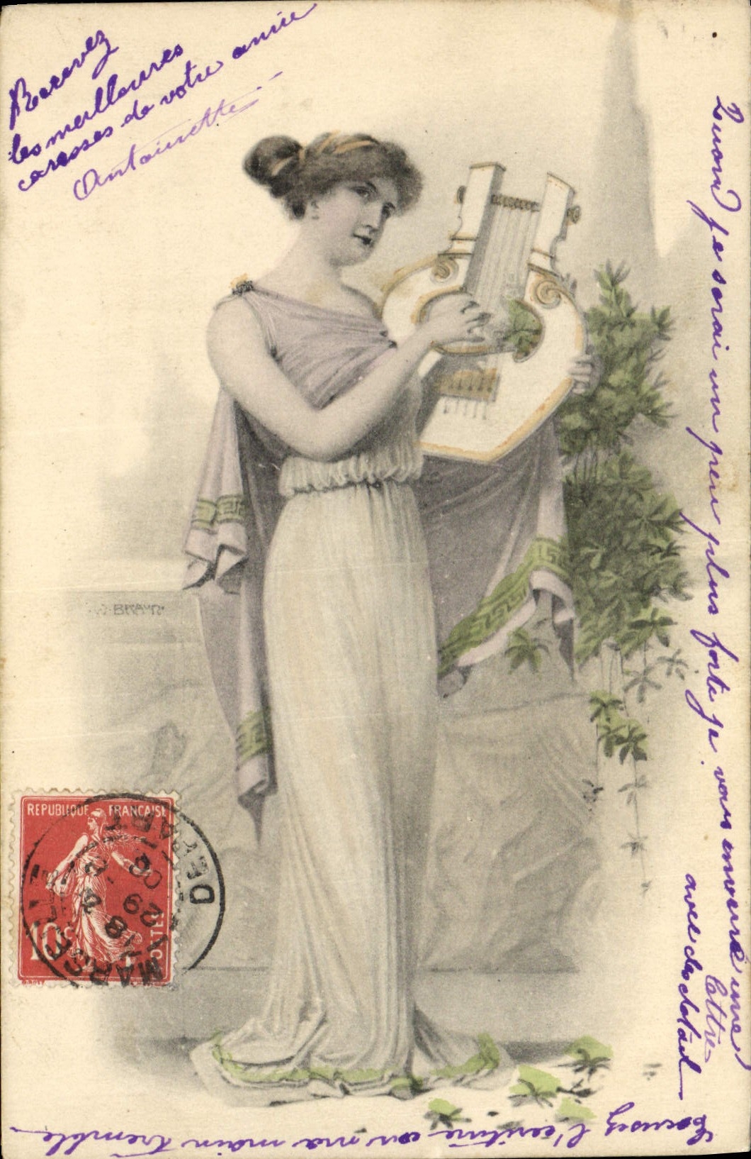 CPA Fantaisie Illustrateur Femme Lyre 