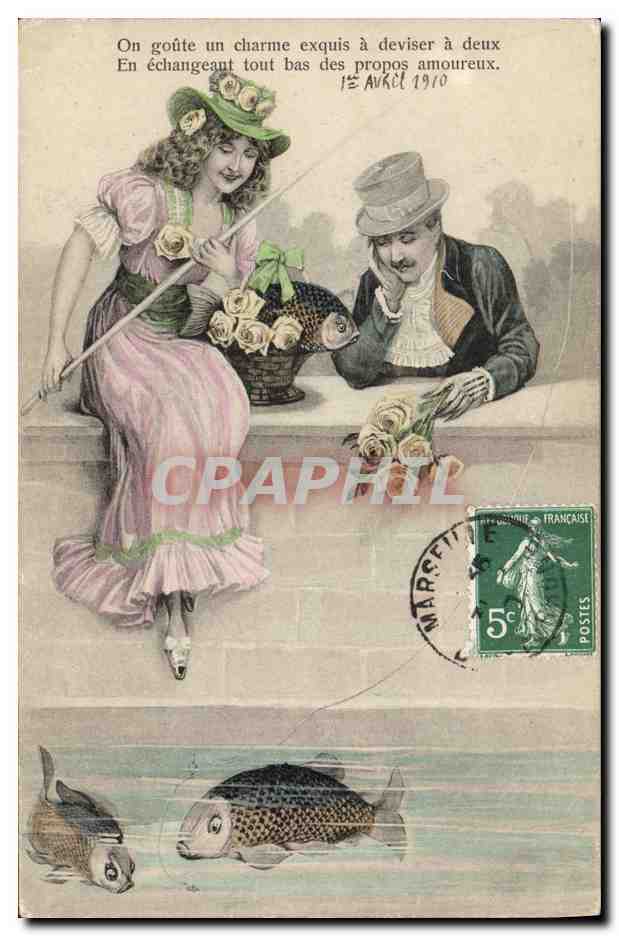 Deux amoureux pêchant des poissons — illustration romantique — éditeur non visible