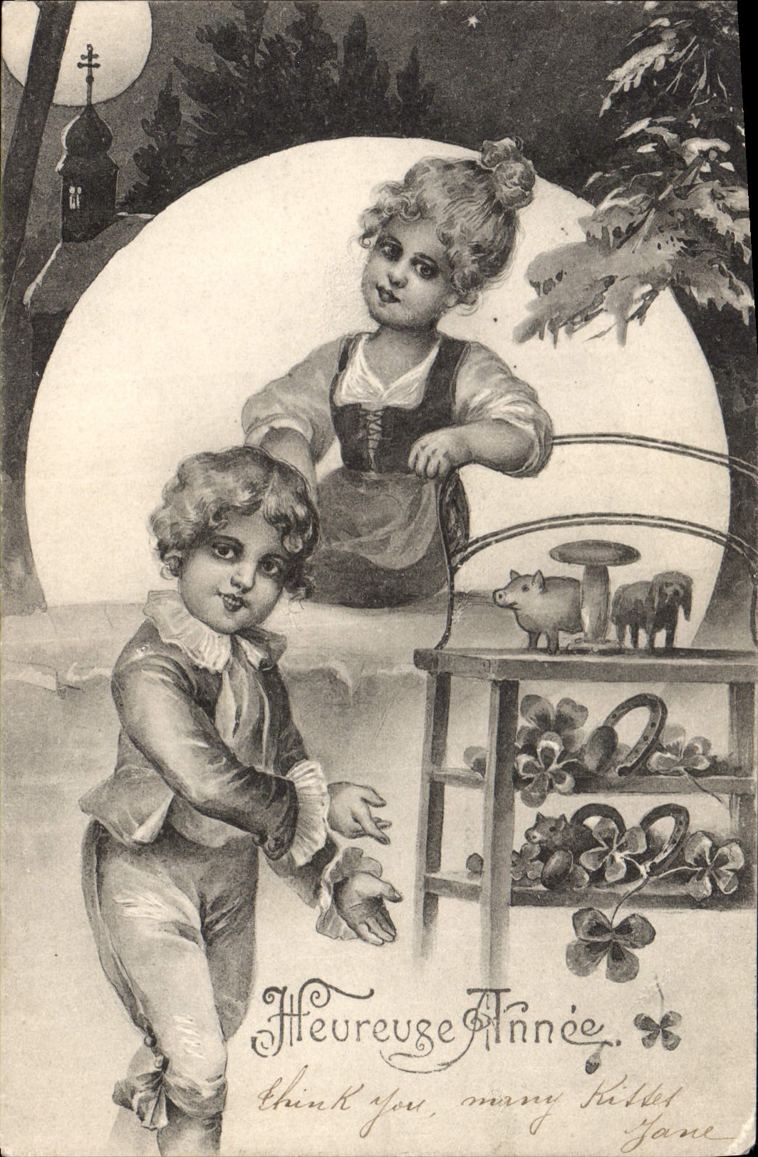 CPA Fantaisie Illustrateur Enfants Trefle Champignon Cochon Fer a cheval 