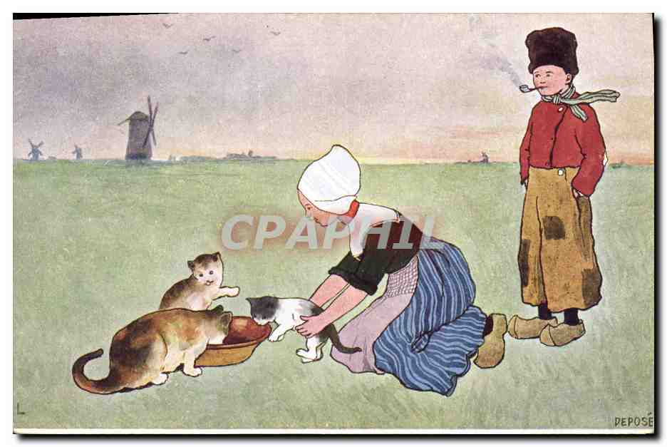 CPA Fantaisie Illustrateur Enfants Hollande Moulin a vent Chat Chats Chaton 