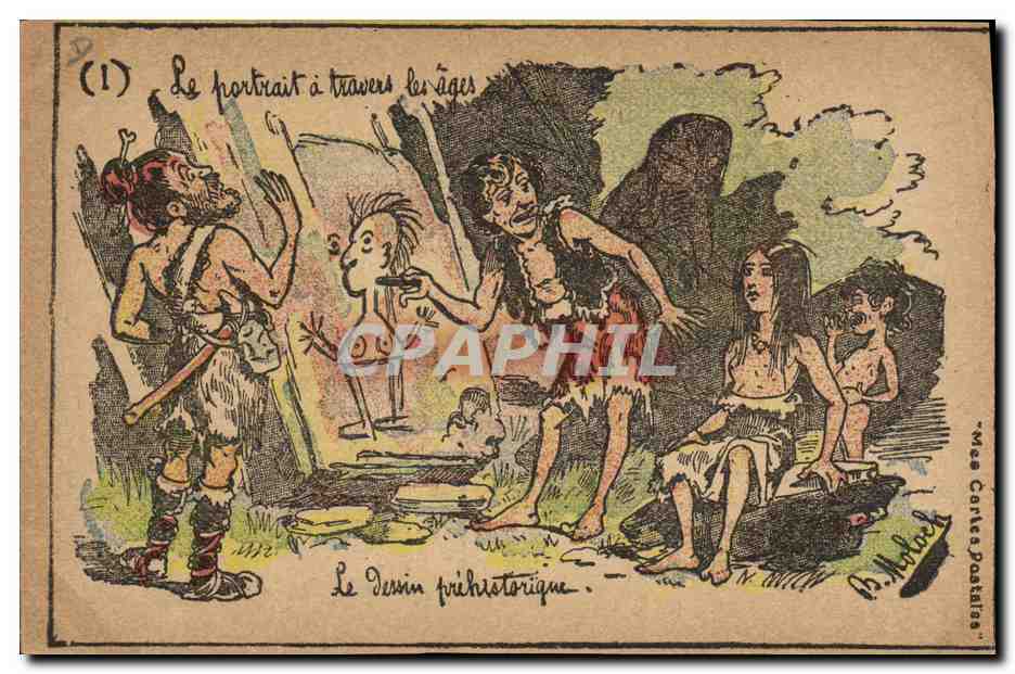 CPA Fantaisie Illustrateur Le portrait a travers les ages Le dessin prehistorique 