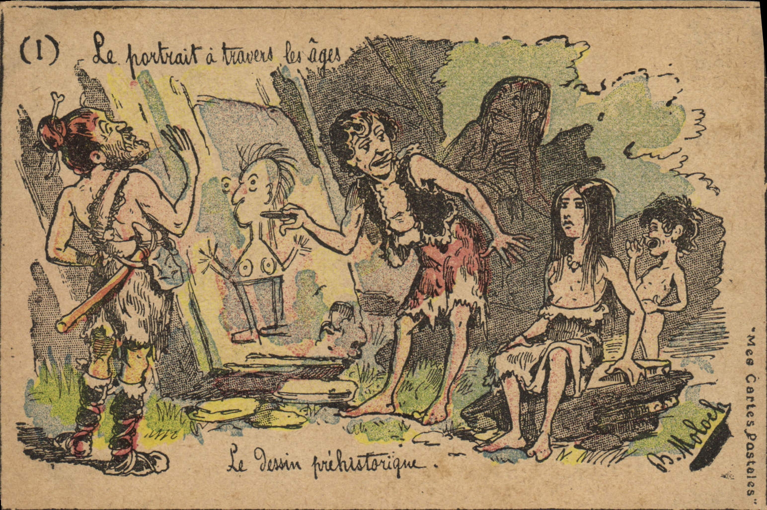 CPA Fantaisie Illustrateur Le portrait a travers les ages Le dessin prehistorique 