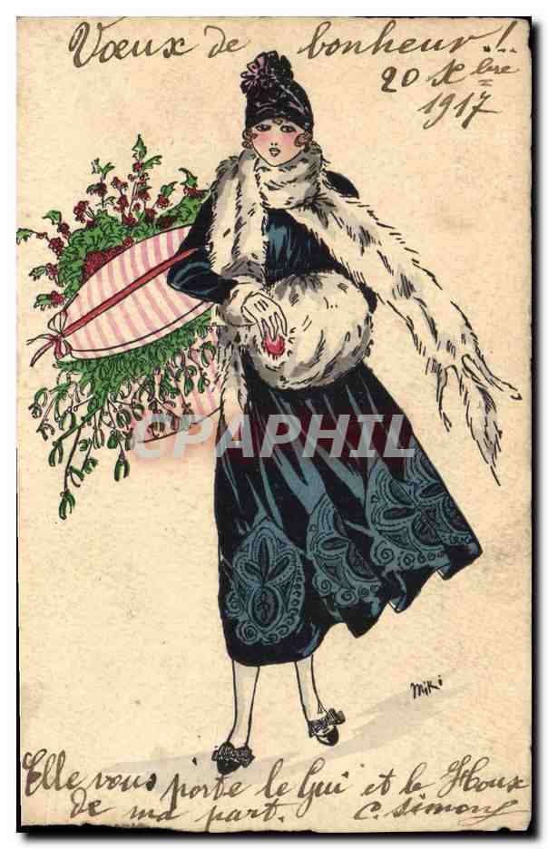 Femme en fourrure tenant un bouquet — Vœux de bonheur — Miki
