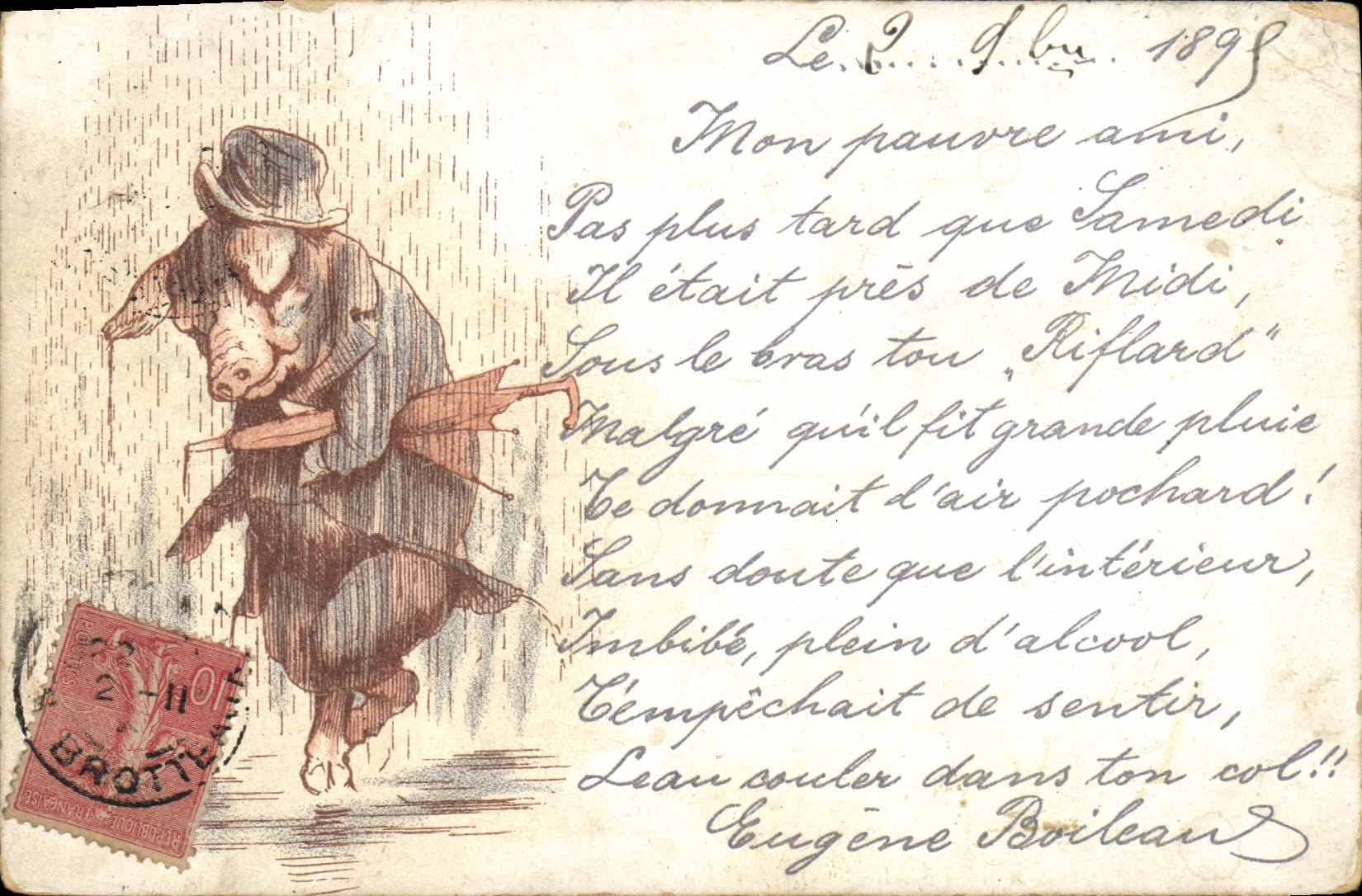 Porc en costume sous la pluie — éditeur Brottier, n° de série non visible