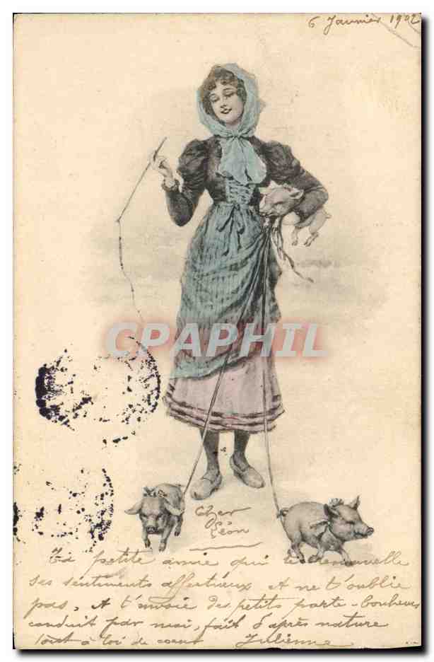 CPA Cochon Porc Femme 