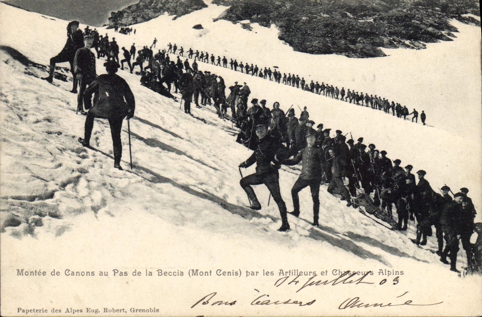 Montée de Canons au Pas de la Beccia (Mont Cenis) par les Artilleurs et Chasseurs Alpins — Papeterie des Alpes Eug. Robert, Grenoble