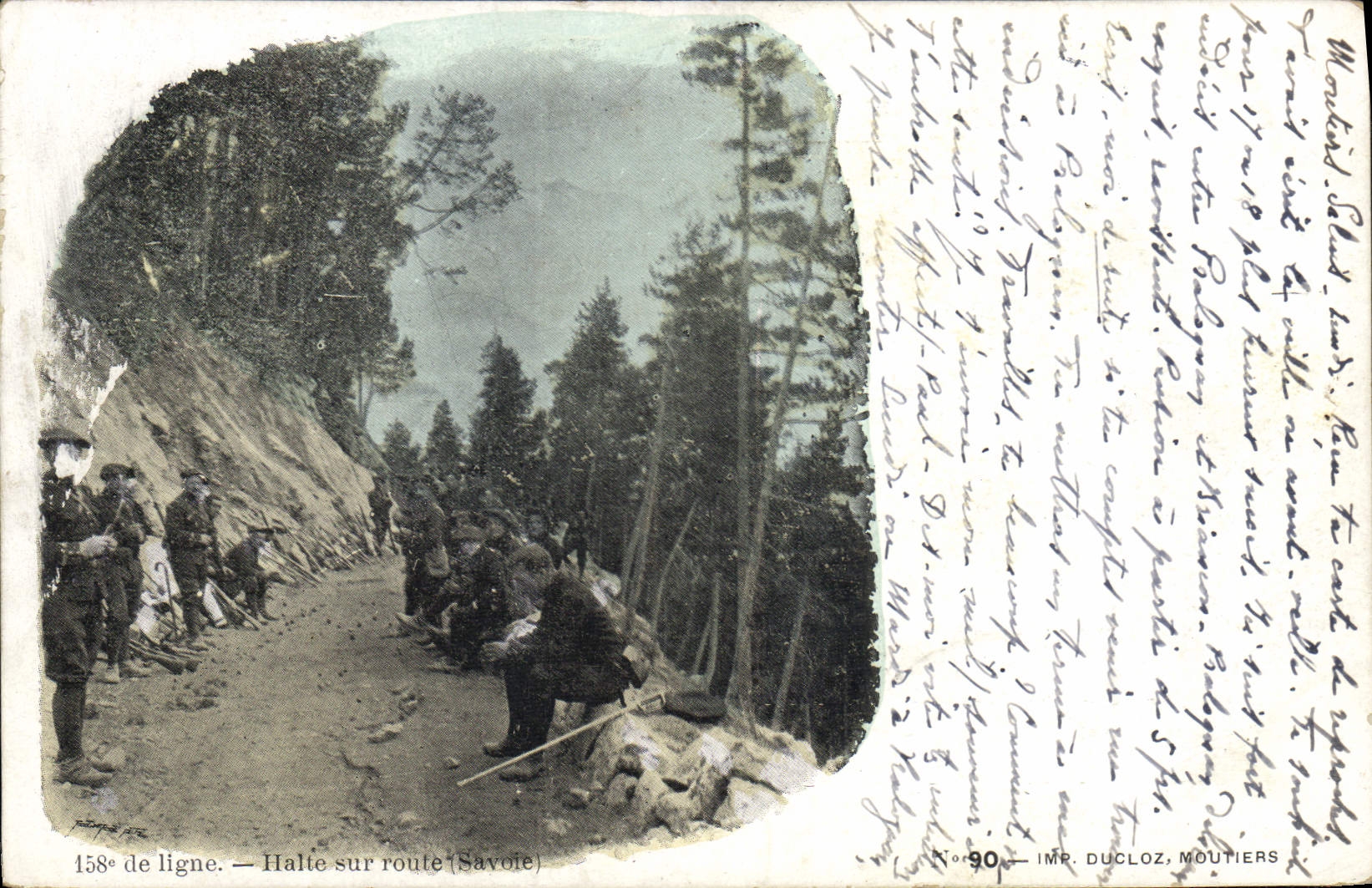 CPA Militaria Chasseurs Alpins 158eme de ligne Halte sur route Savoie 