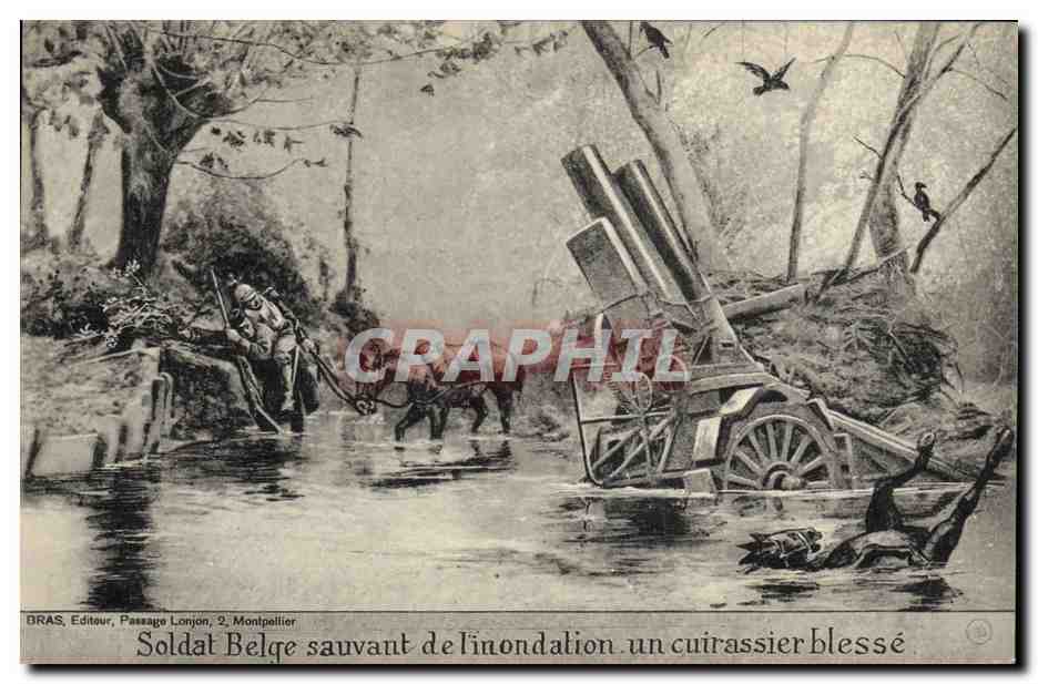 CPA Militaria Soldat belge sauvant de l'inondation un cuirassier belge Canon 