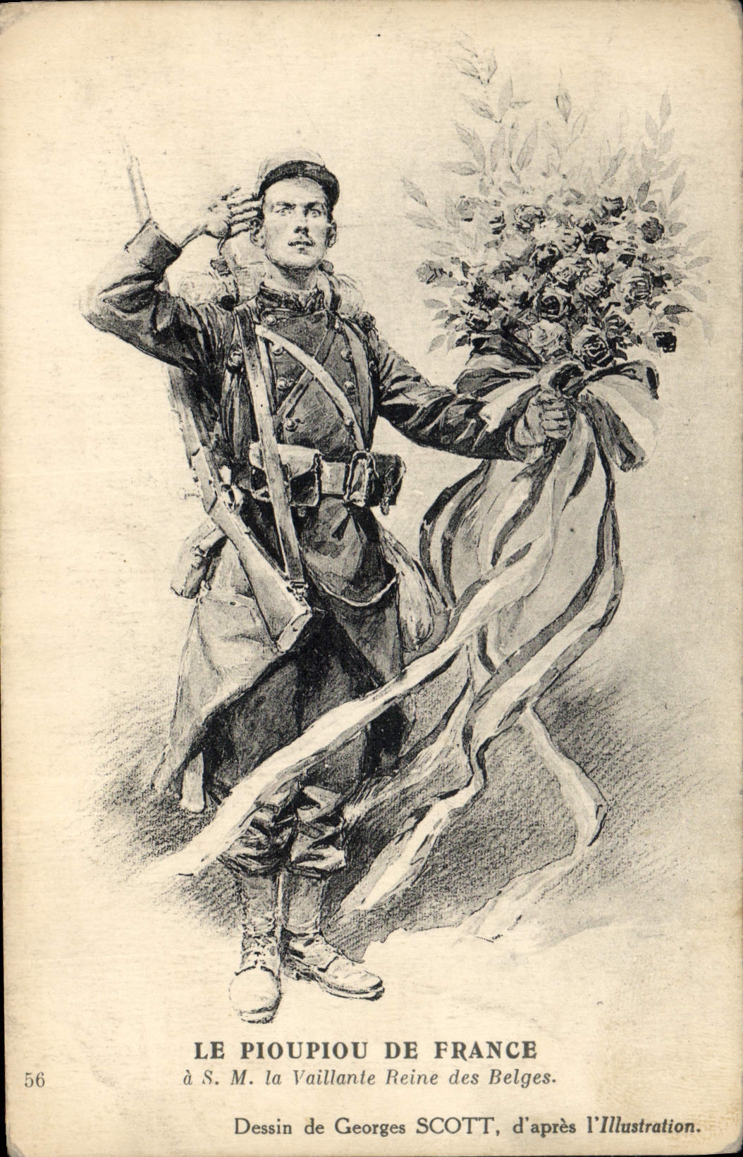 CPA Militaria Le Pioupiou de France a SM la vaillante Reine des Belges Georges Scott 