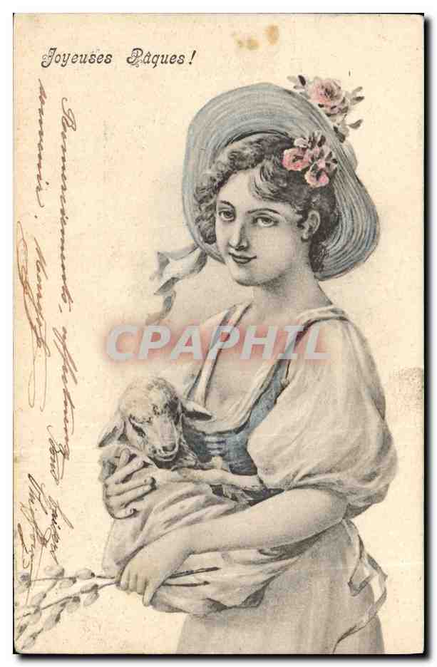 CPA Fantaisie Illustrateur Femme Agneau Paques 