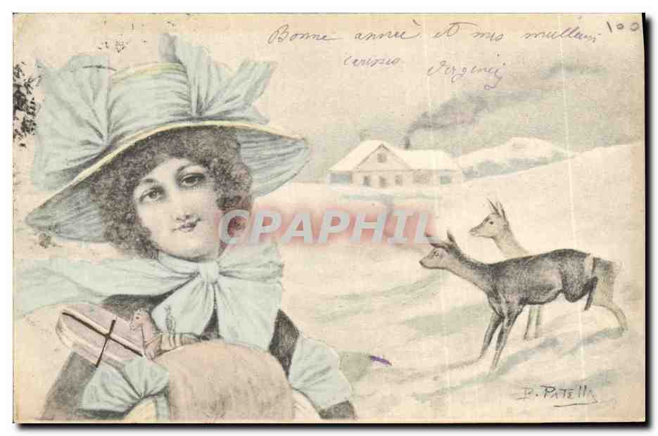 Jeune femme en chapeau — paysage hivernal avec cerf — R. Patella
